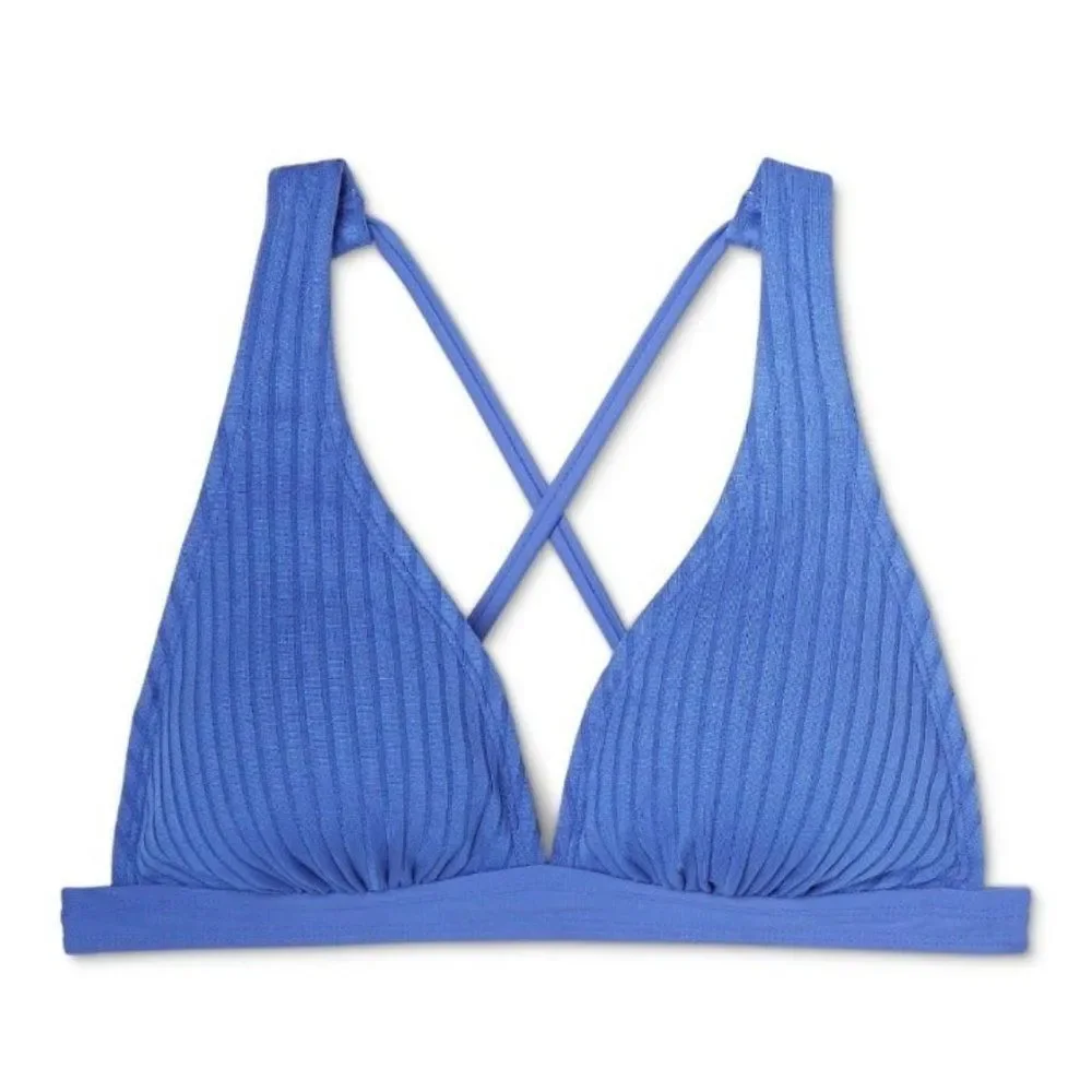 Xhilaration  Blue Ribbed Plung Triangle Bikini Top - Picture 6 of 7